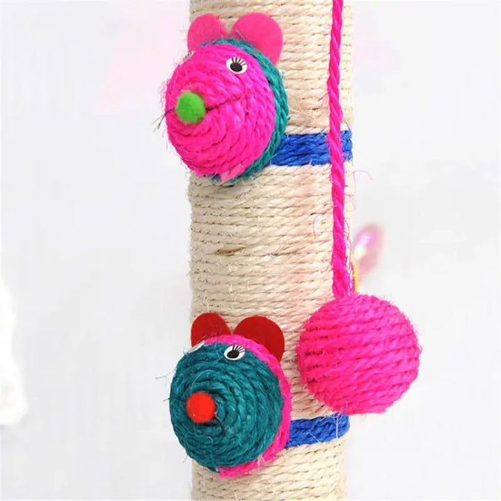 Multi-level blue sisal scratching post with toys & balls for a cat's interactive play & claw health.