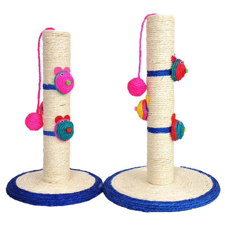 Cat sisal scratching post in blue with playful toys, designed for feline claw care & enrichment.