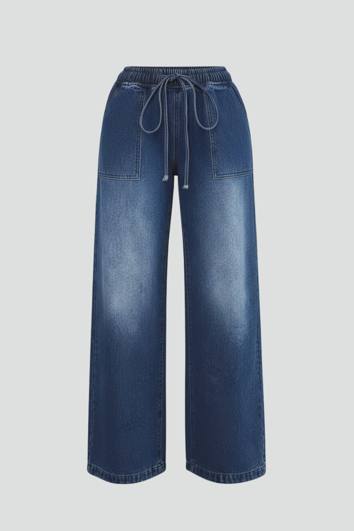 Blue women's wide-leg casual trousers with drawstring waist and pockets, perfect for summer comfort.
