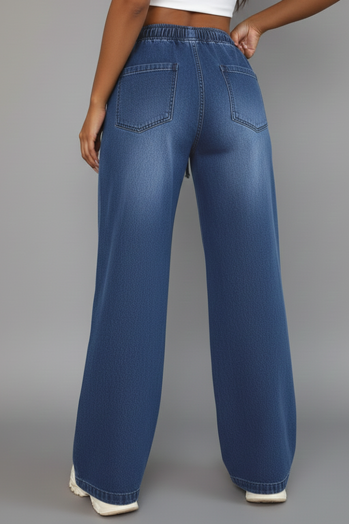 Front view of blue wide-leg women's casual trousers with an adjustable drawstring waist and side pockets.