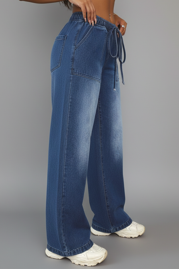 Stylish blue wide-leg casual trousers for women, designed with a drawstring waist for ultimate summer comfort.