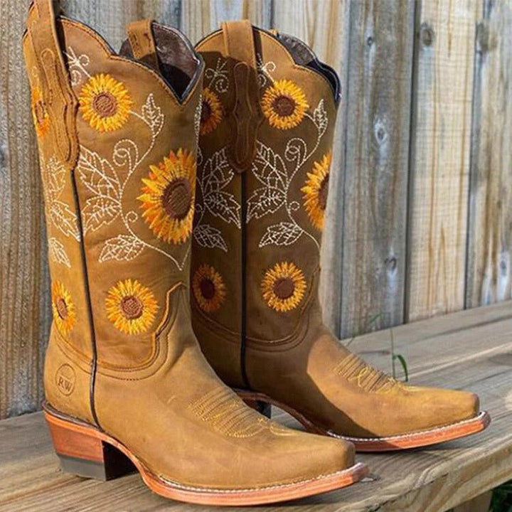 Bohemian embroidered leather ankle boots for women, perfect casual fall festival footwear.