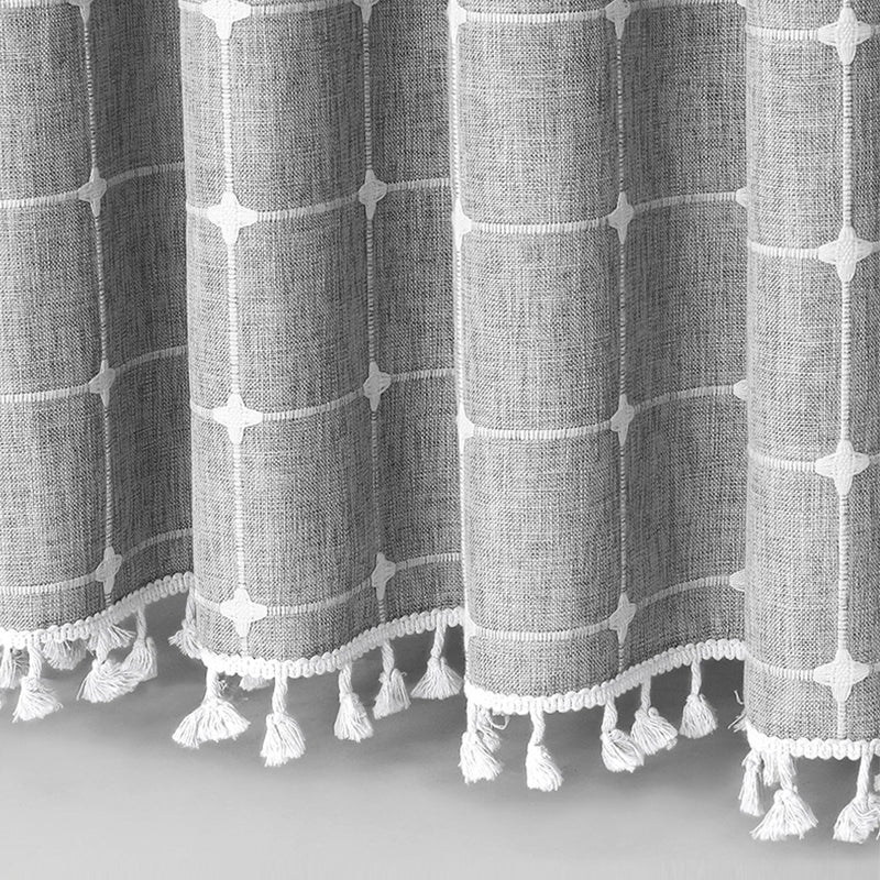 Chic bohemian farmhouse waterproof linen shower curtain, ideal for rustic bathroom decor.