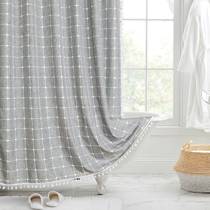 Bohemian farmhouse style waterproof linen shower curtain, elevating bathroom elegance.