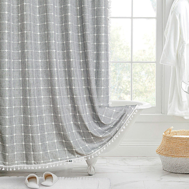 Bohemian farmhouse style waterproof linen shower curtain, elevating bathroom elegance.