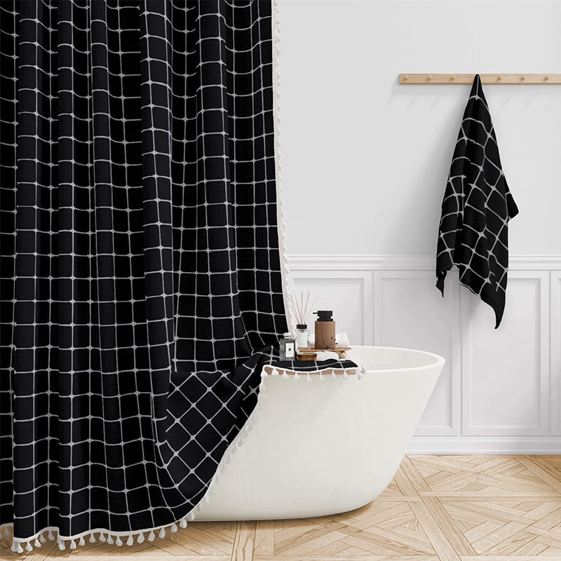 Upgrade your bathroom decor with this bohemian farmhouse waterproof linen shower curtain.