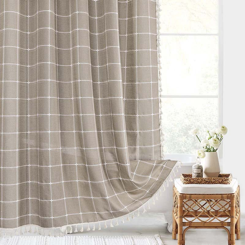 Chic waterproof linen shower curtain, blending farmhouse charm with bohemian style. Ideal bathroom decor.