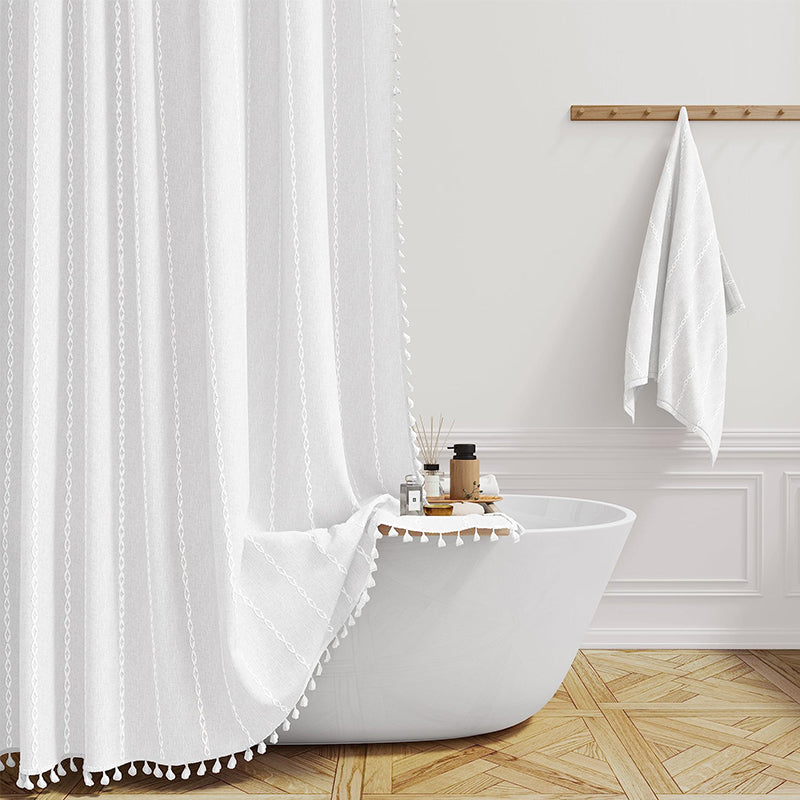 Plaid pattern bohemian farmhouse waterproof linen shower curtain, chic addition to bathroom decor.