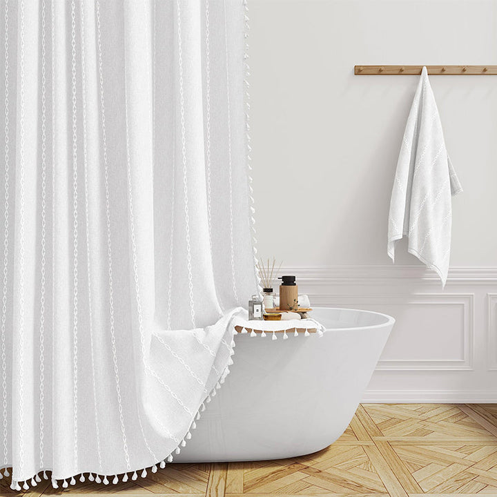 Plaid pattern bohemian farmhouse waterproof linen shower curtain, chic addition to bathroom decor.