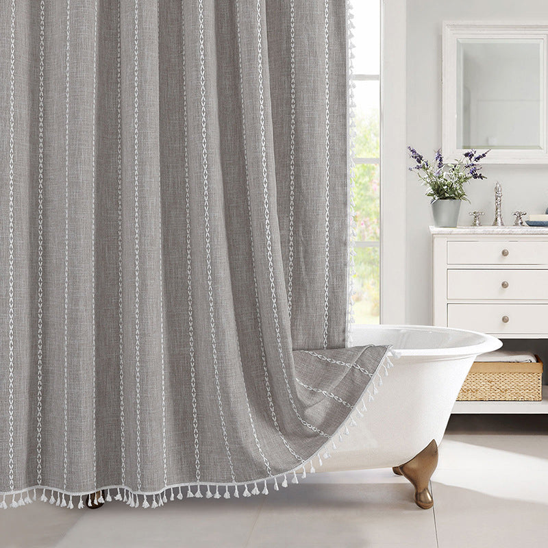 Striped waterproof linen shower curtain, perfect for a bohemian farmhouse themed bathroom decoration.