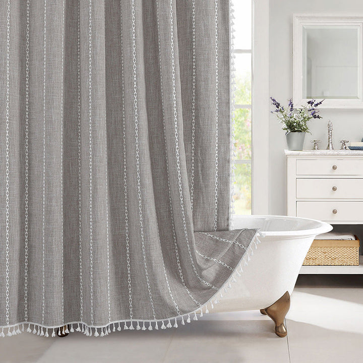 Striped waterproof linen shower curtain, perfect for a bohemian farmhouse themed bathroom decoration.