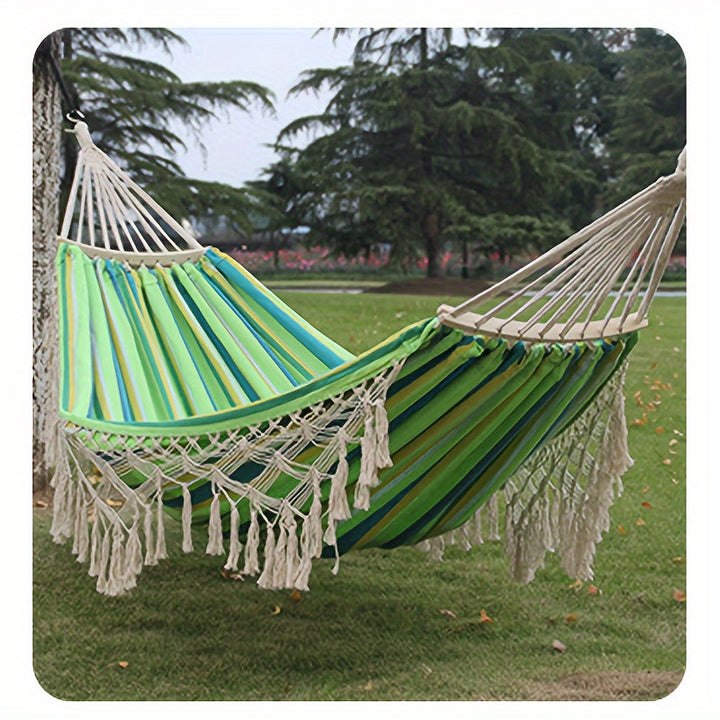Overhead shot of the spacious double bohemian tassel hammock, inviting ultimate outdoor comfort.