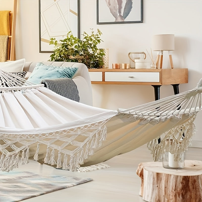 Bohemian Tassel Hammock providing a cozy space for relaxation, perfect for indoor decor or patio.