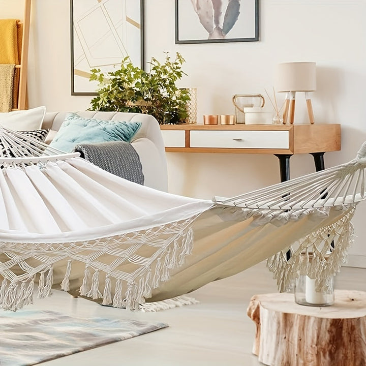 Bohemian Tassel Hammock providing a cozy space for relaxation, perfect for indoor decor or patio.