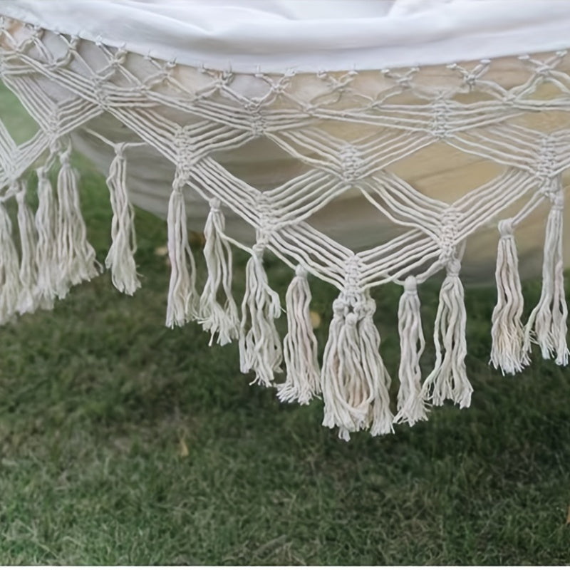 Enjoy ultimate comfort with this striped cotton double bohemian hammock, featuring charming tassels.