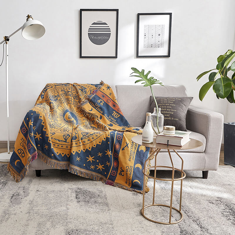 Cozy bohemian knitted throw blanket, cotton blend, reversible design.