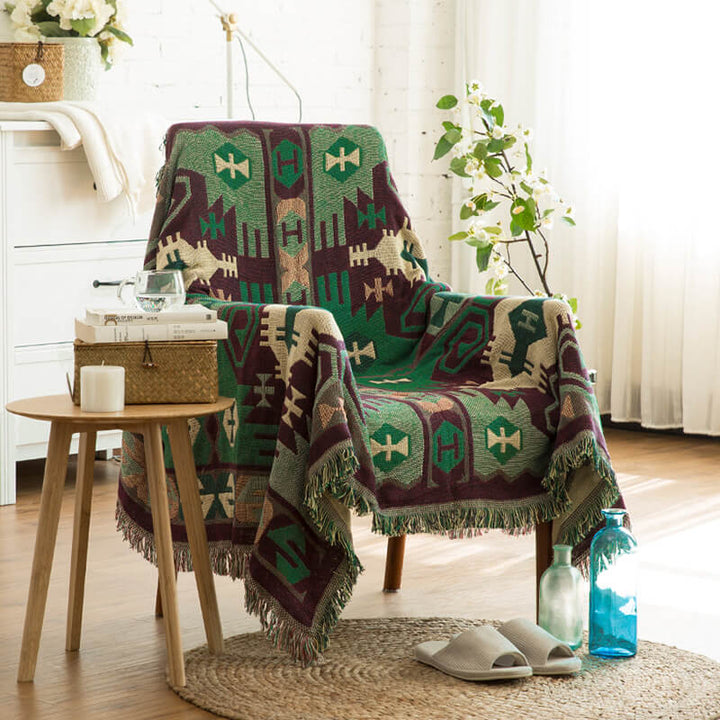 Cozy bohemian knitted throw for living room, bedroom, or armchair.