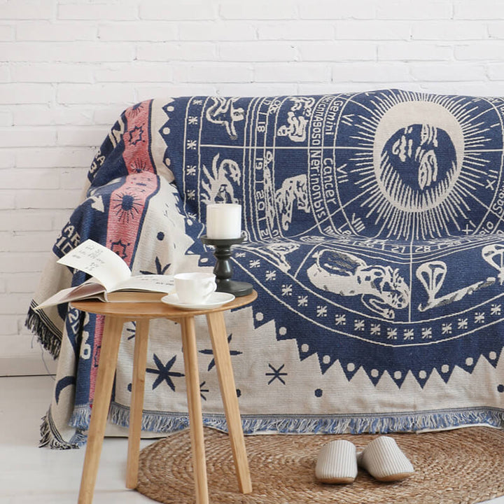 Knitted bohemian sofa throw blanket, fringed design for accent decor.