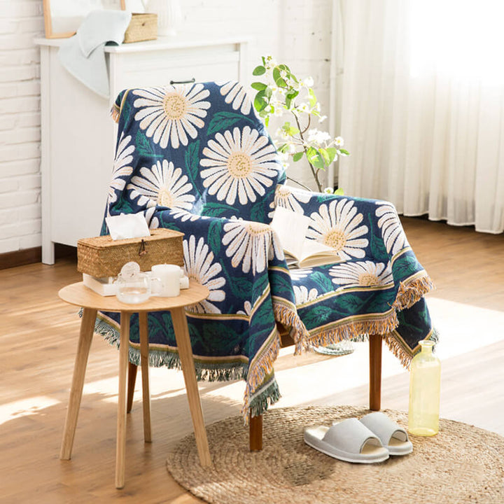 Cozy bohemian knitted throw for sofa, bed, or armchair styling.