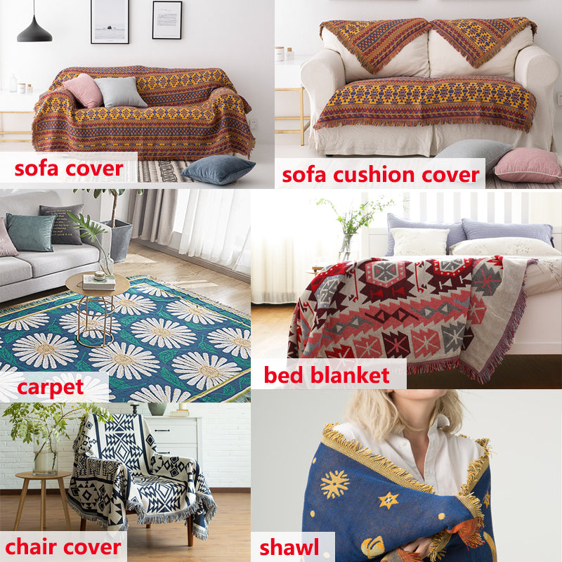 Bohemian knit throw with fringe, perfect for couch and living room decor.