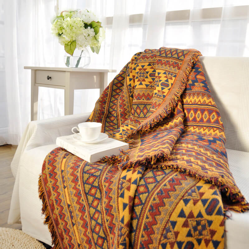 Soft bohemian cotton blend throw, beautifully knitted with tassels.
