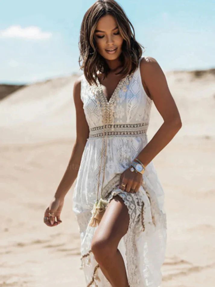 Flowy bohemian maxi dress for women, ideal for summer fashion, casual outings, or a resort vacation.