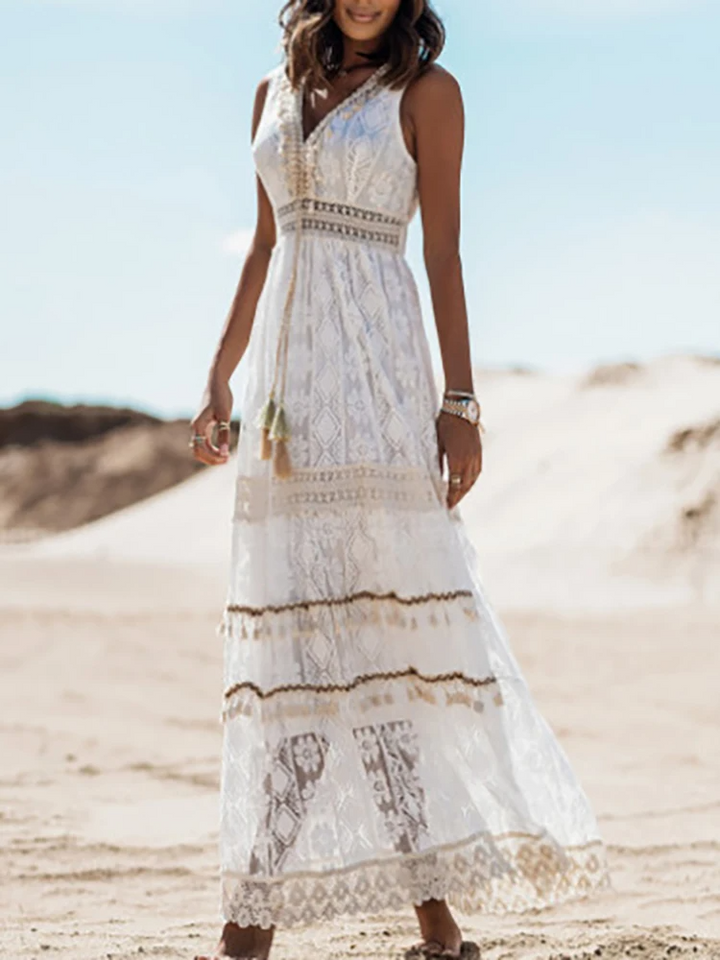 Stylish bohemian summer maxi dress, a versatile vacation outfit for women, great for beach days.