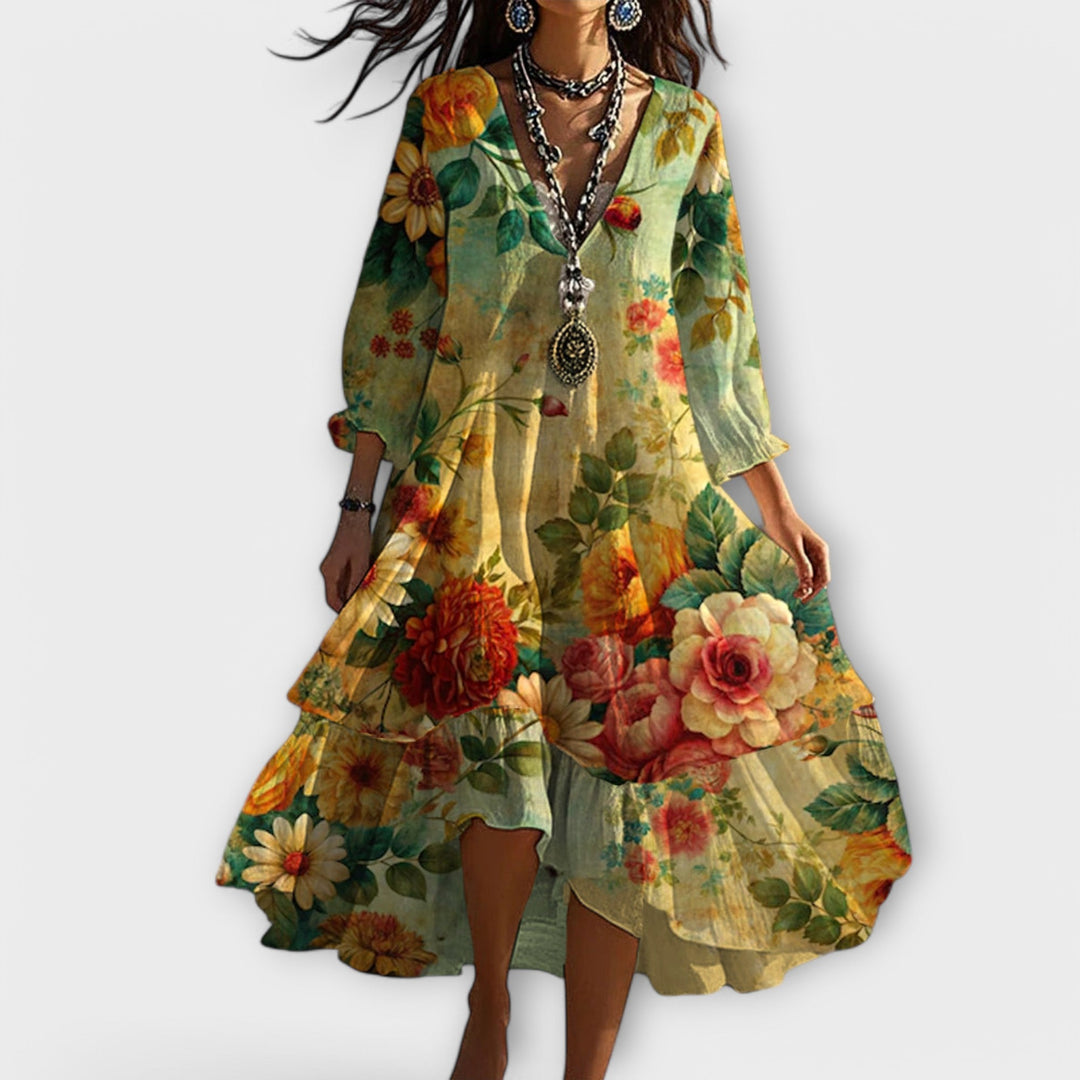Boho V-neck summer maxi dress for women, vintage style with flowy fabric, perfect for casual beachwear