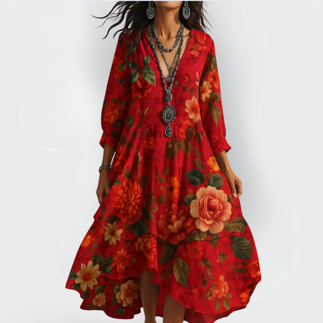 Women's bohemian V-neck vintage maxi dress, ideal for summer, featuring a comfortable and flowy design