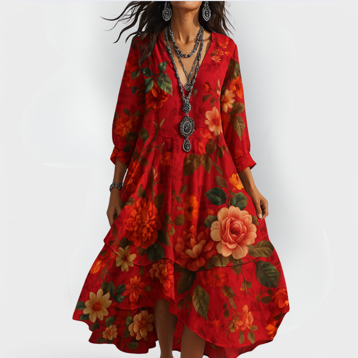 Women's bohemian V-neck vintage maxi dress, ideal for summer, featuring a comfortable and flowy design