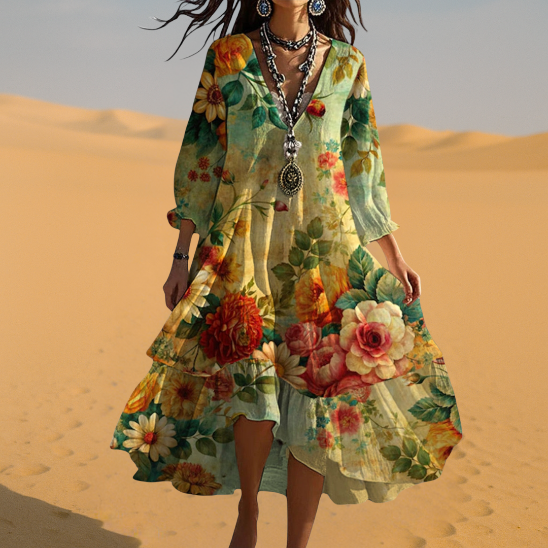 Casual V-neck boho summer dress for women, vintage-inspired with a relaxed fit, great for beach or everyday