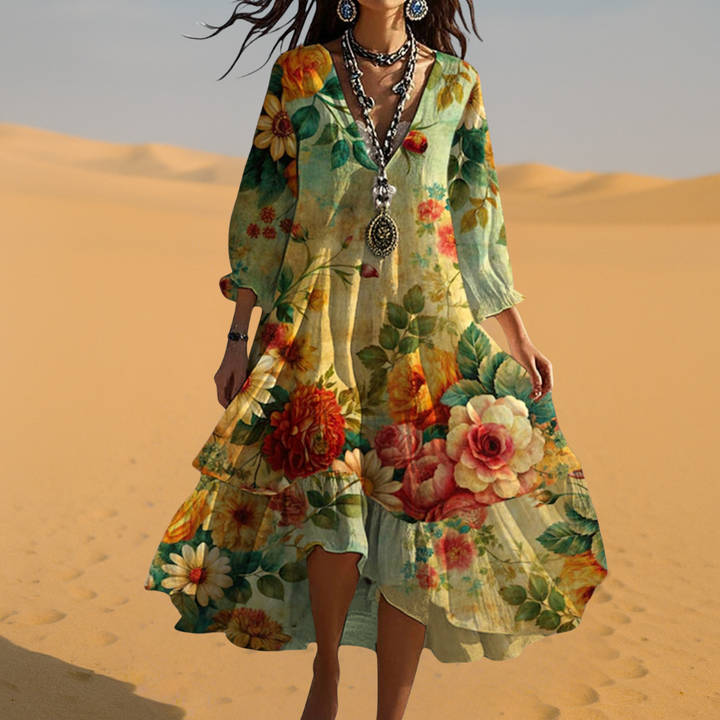 Casual V-neck boho summer dress for women, vintage-inspired with a relaxed fit, great for beach or everyday