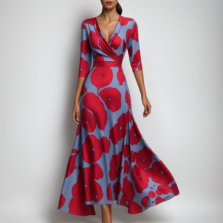 Boho women's V-neck maxi dress with floral print, perfect for summer holidays & beachwear