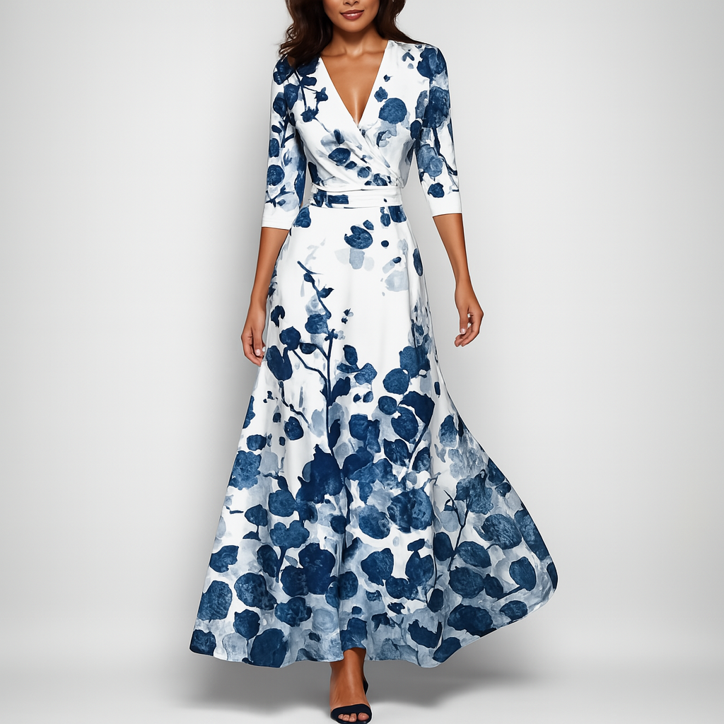 Women's bohemian floral print maxi dress featuring a flattering V-neck and empire waist