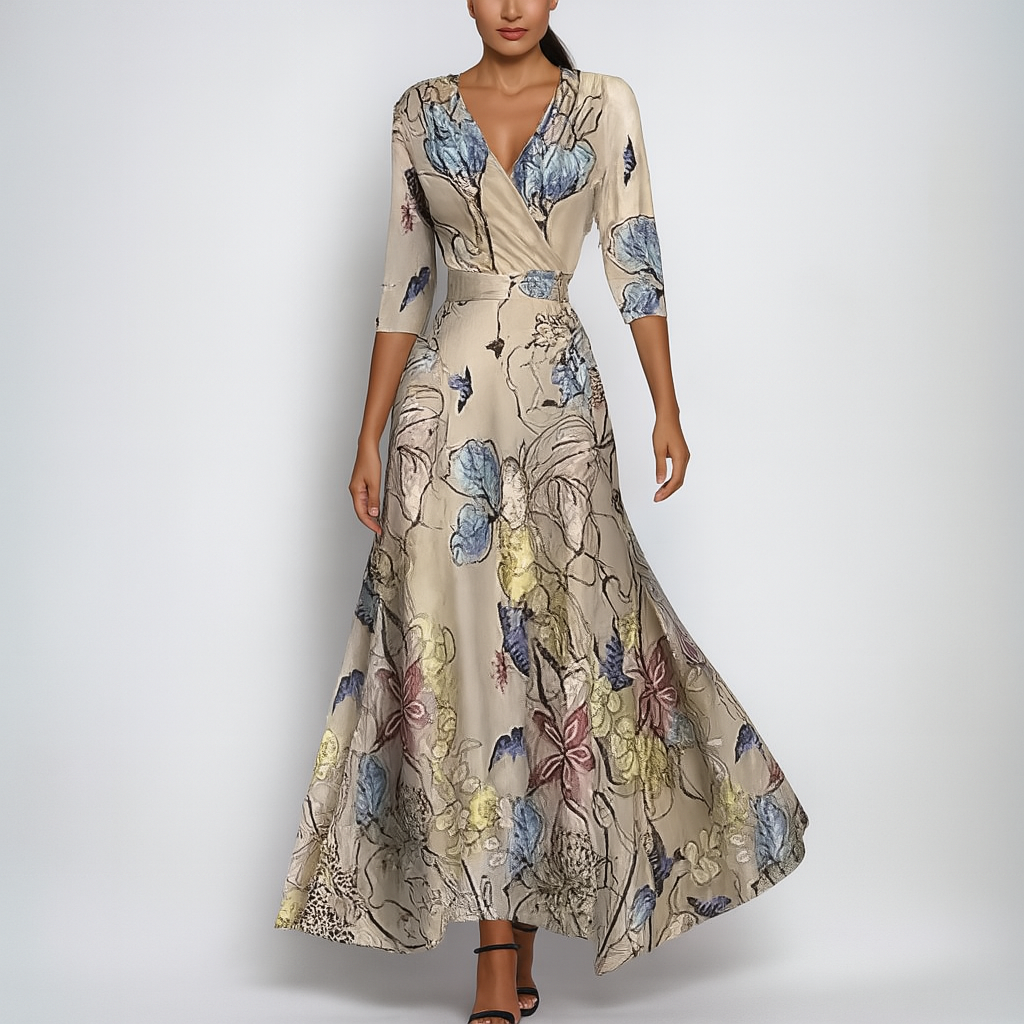 Casual summer maxi dress for women, boho style, with V-neck and vibrant floral pattern