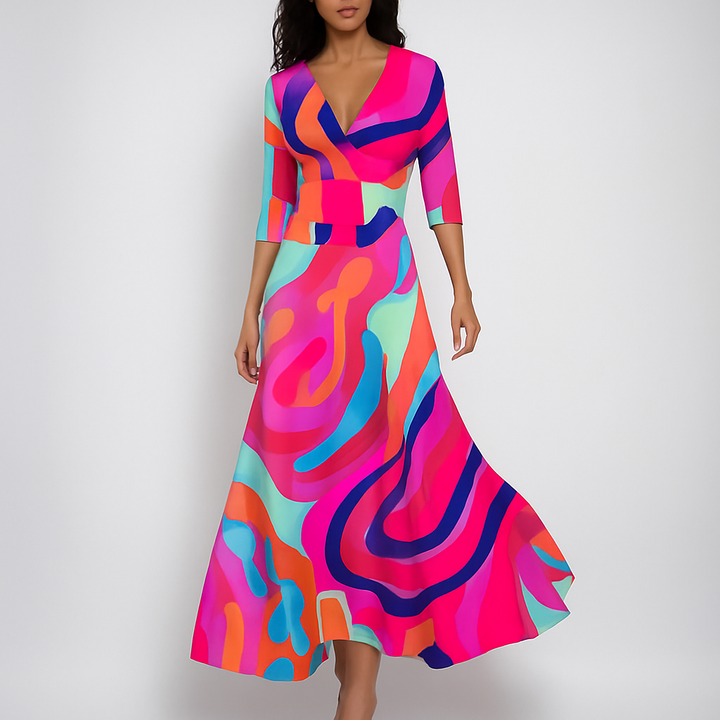 Elegant women's V-neck floral maxi dress, ideal for bohemian-inspired holiday and casual wear