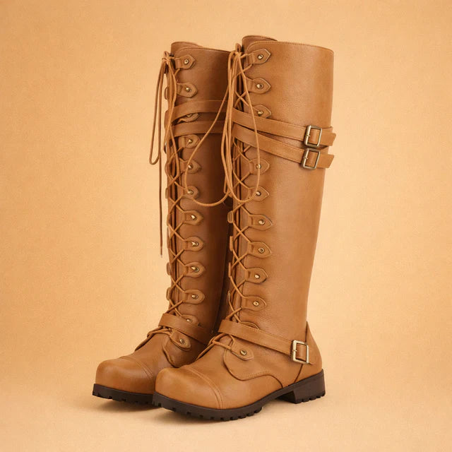 Bold black women's over-the-knee lace-up boots, featuring stylish buckles for a trendy fashion statement.