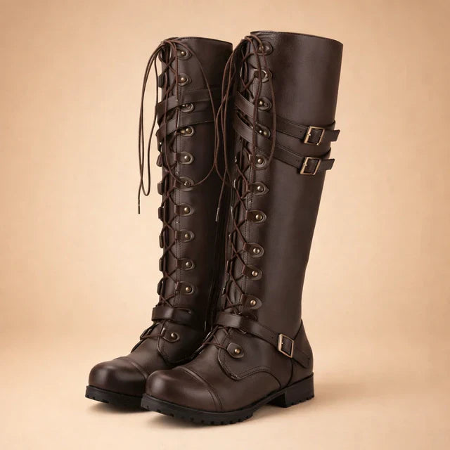 Stylish women's tall over-the-knee boots with a full lace-up design and decorative side buckles.