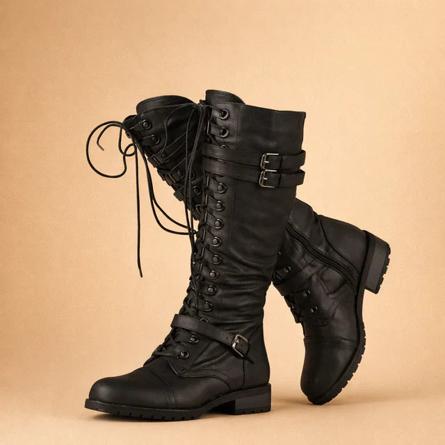 Trendy women's lace-up over-the-knee boots in black, a bold fashion statement piece with buckle details.