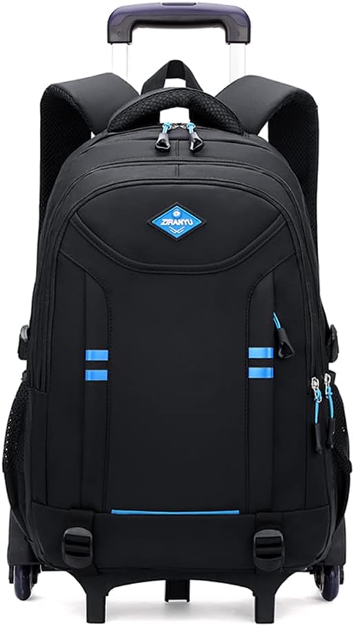Boys' blue rolling school backpack with multi-pockets, durable wheels, and retractable handle, perfect for daily use.