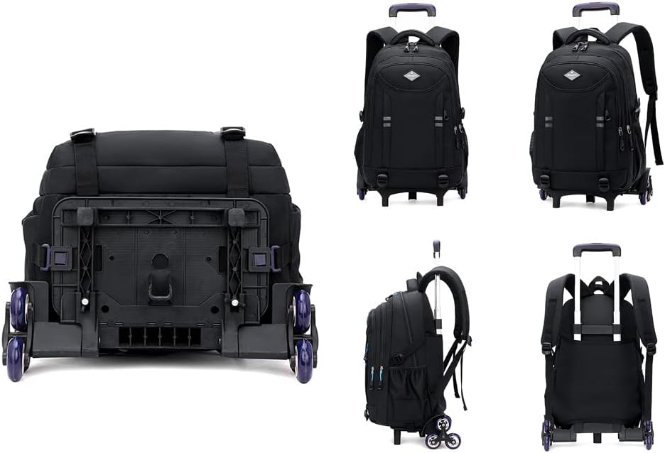Convertible boys' school backpack, multi-pocket design, with hidden wheels & trolley handle for versatile travel.