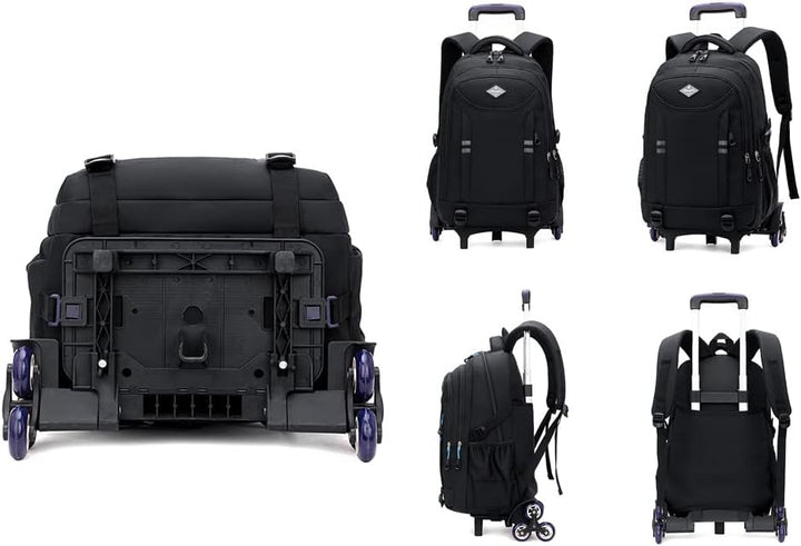 Convertible boys' school backpack, multi-pocket design, with hidden wheels & trolley handle for versatile travel.