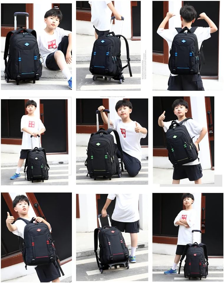 Versatile boys' school trolley backpack, multi-pocket, convertible from shoulder bag to rolling travel luggage.