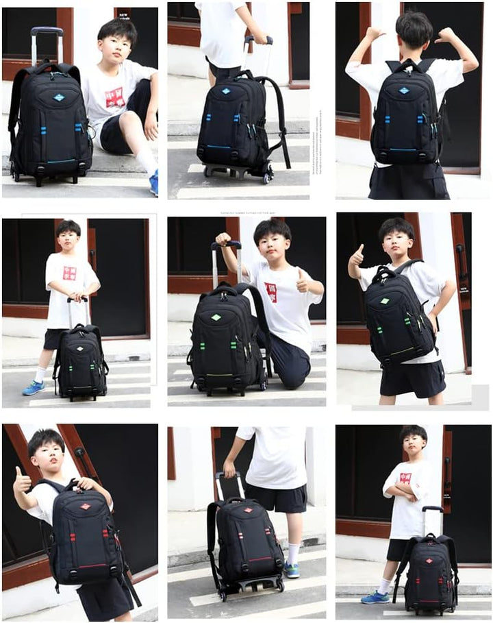 Versatile boys' school trolley backpack, multi-pocket, convertible from shoulder bag to rolling travel luggage.