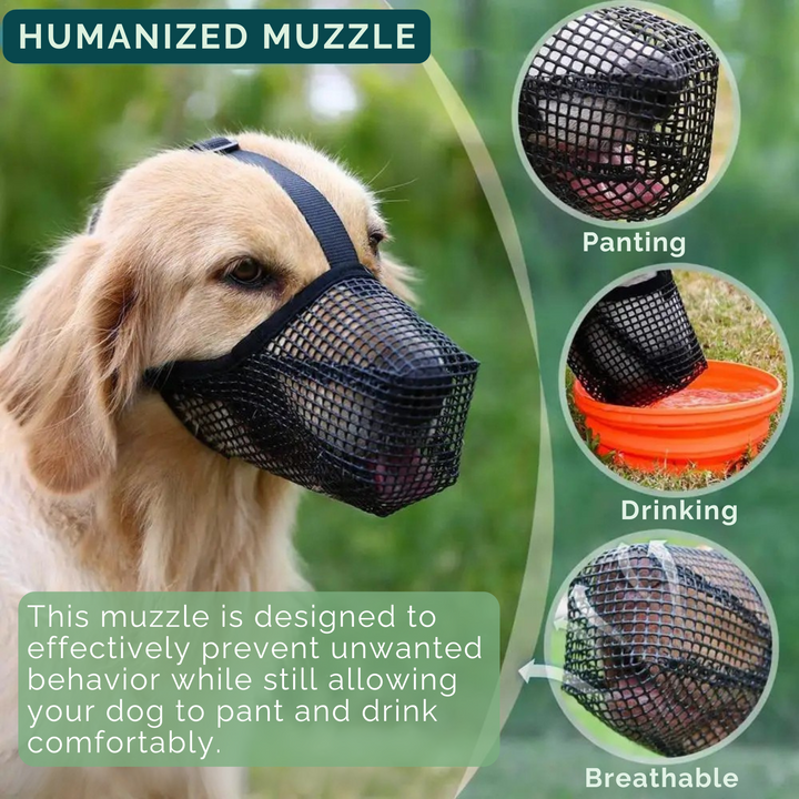 Soft AirMesh dog muzzle, adjustable for a secure fit. Ensures pet safety, prevents biting & promotes gentle training.