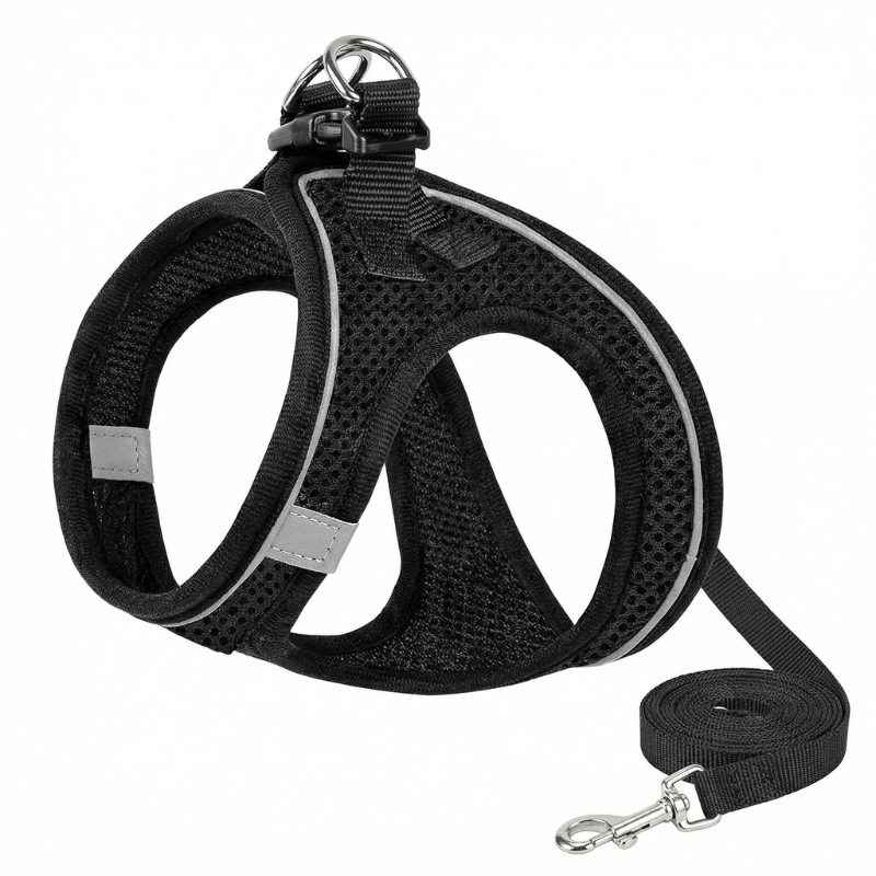 Reflective cat harness for enhanced pet safety during night walks, a comfortable and secure outdoor accessory.