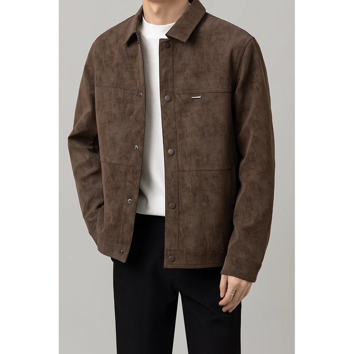 Brown men's versatile button-down shirt jacket, ideal for casual layering and everyday fashion.