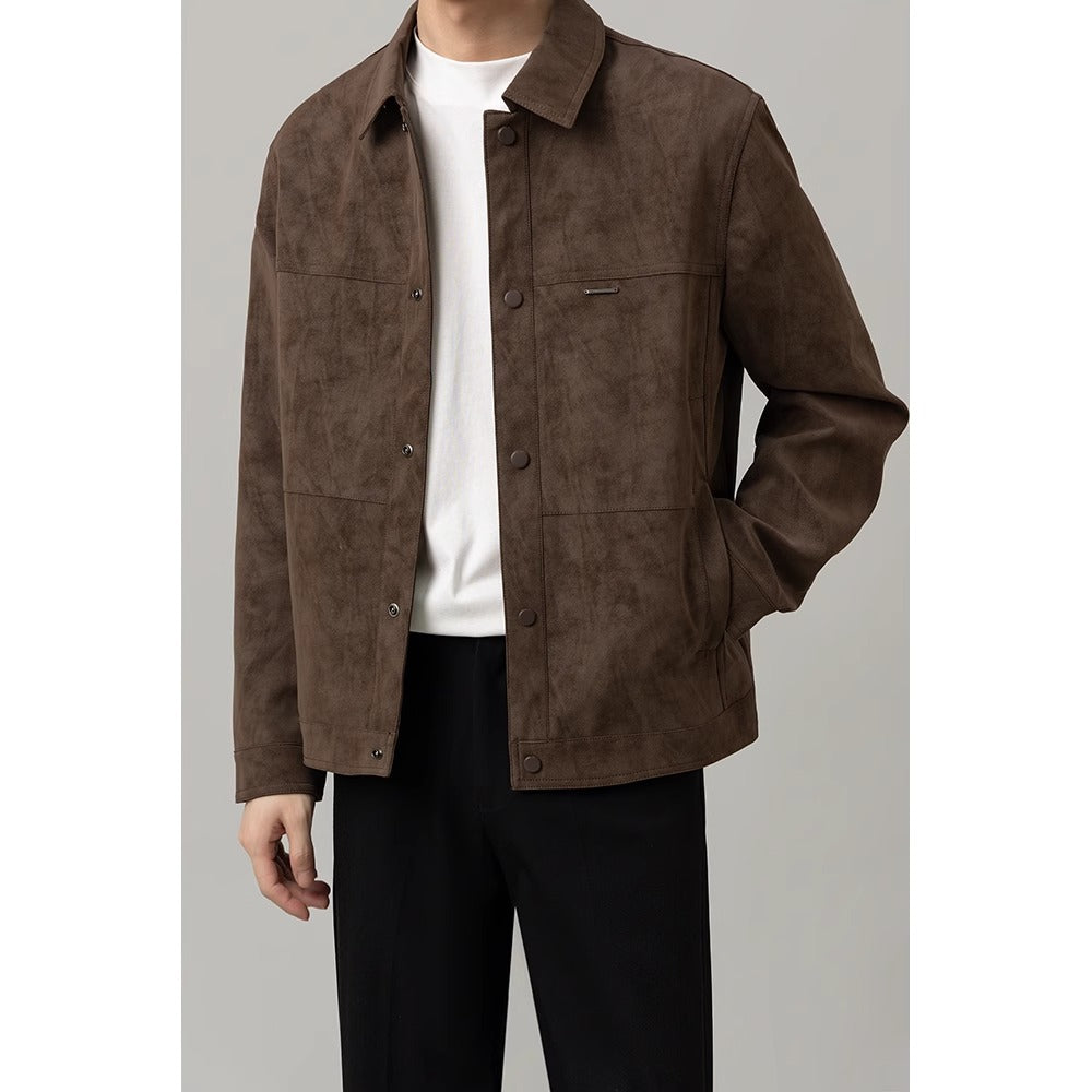 Men's casual brown button-down shirt jacket, perfect for versatile layering and everyday wear.