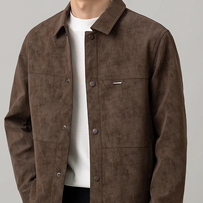 Stylish black men's versatile shirt jacket, showcasing its relaxed fit and button-down design.