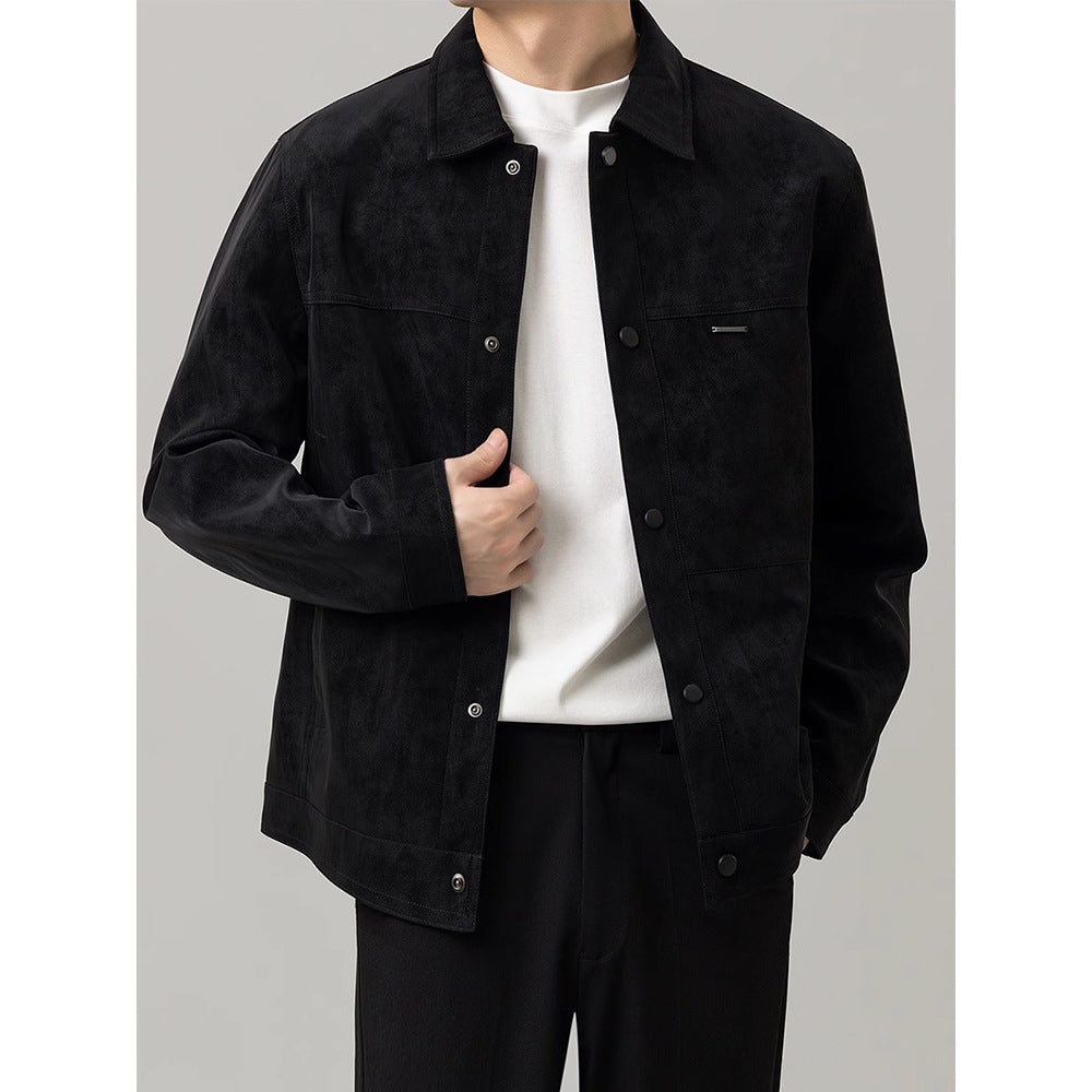 Close-up of black men's shirt jacket fabric texture and durable button detailing.